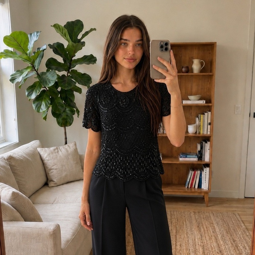Vintage Stenay Womens Silk Beaded Blouse M Black Evening Retro Cocktail Formal‎